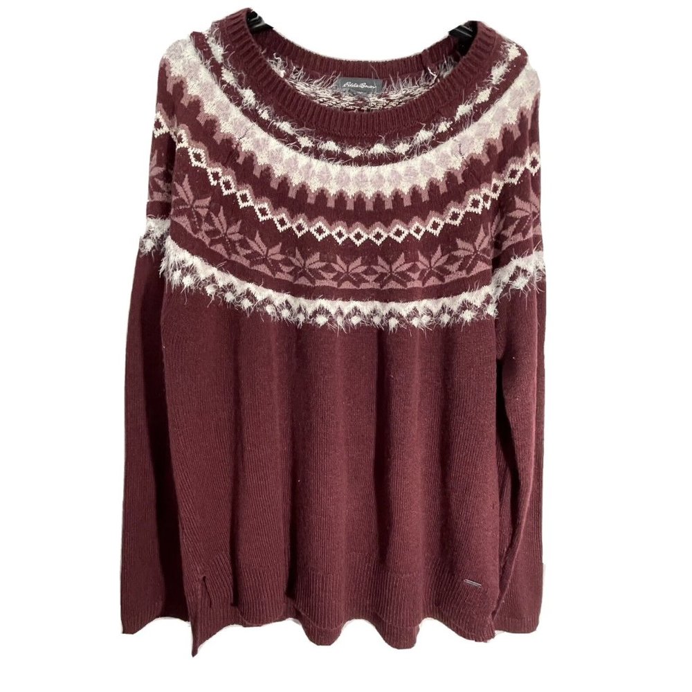 Eddie Bauer Burgundy and Cream Fair Isle Crewneck Sweater